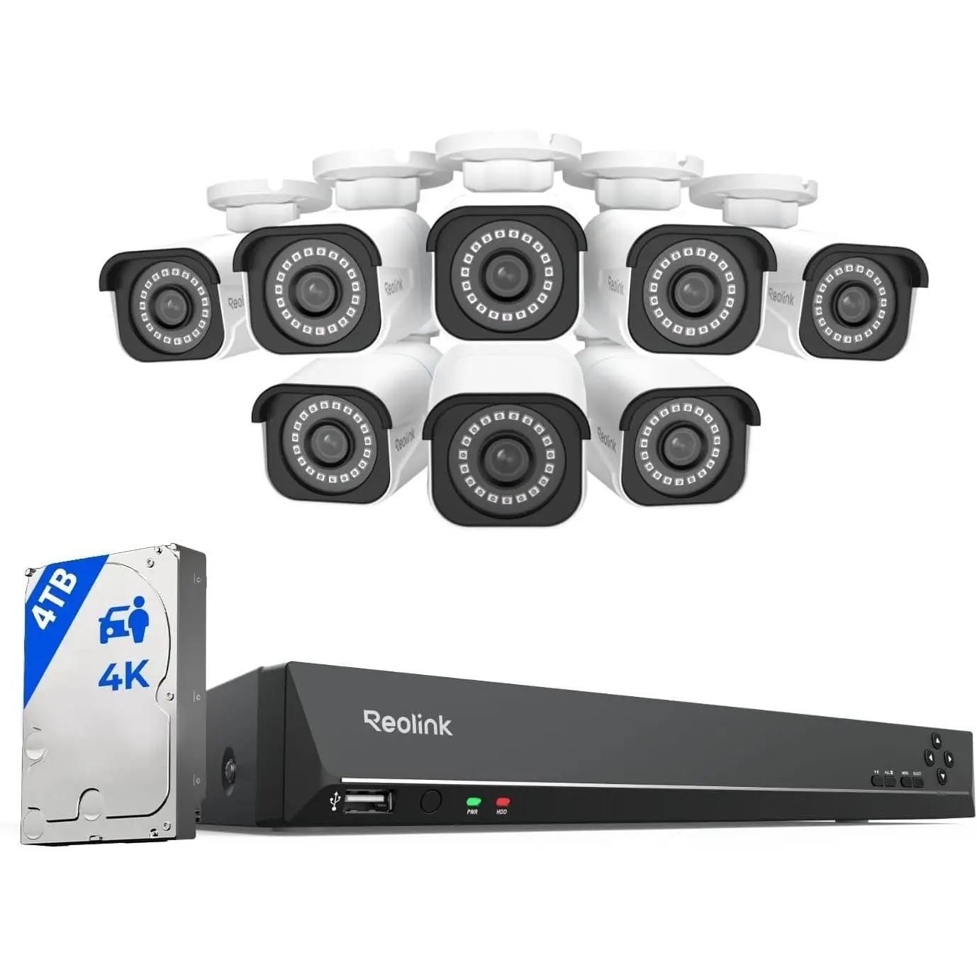 REOLINK 16CH 4K Security Bullet Camera System with 4TB HDD RLK16-800B8 | 8pcs H.265 PoE IP Cameras Wired with Person Vehicle Detection, 8MP/4K 16CH NVR with 4TB HDD for 24-7 Recording