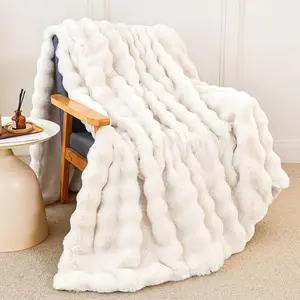 Faux   Throw Blanket for Couch,  Warm Plush Thick Bubble Blanket for Bed Sofa Living Room, Soft Cozy Furry Blanket  Decor, 50x60 inches, Cream White