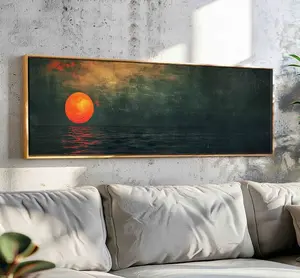 Sunset over the Emerald Green Ocean - Moody Panoramic Print - Minimal Horizontal Wall Art - Vintage Painting Print - Boho Wall Art