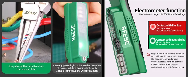 Product Introduction of SEESE 8 in 1 Wire Stripper Twister for Cutting and Pulling Wires, Voltage Tester Pliers,Cable Scissors, 12V to 250V Live,Null,Hot Wire Judgment AC DC, Audible and Flashing LED Alarms 1