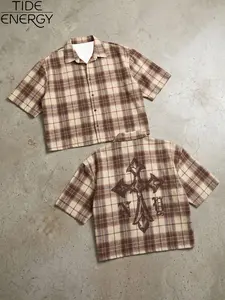Men's Vintage Aesthetic Short Sleeve Shirt, Casual Loose Sleeve, Casual Button Down, Plaid + Worn Cross Pattern, Checked, Casual Urban Style, Retro Look, Comfortable Fit