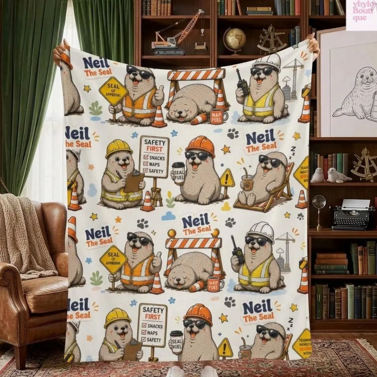 Neil the Seal Blanket, Funny Construction Seal Throw Blanket, Cute Harbor Seal Fleece Blanket,  Animal Plush Blanket, Gift for Seal Lovers