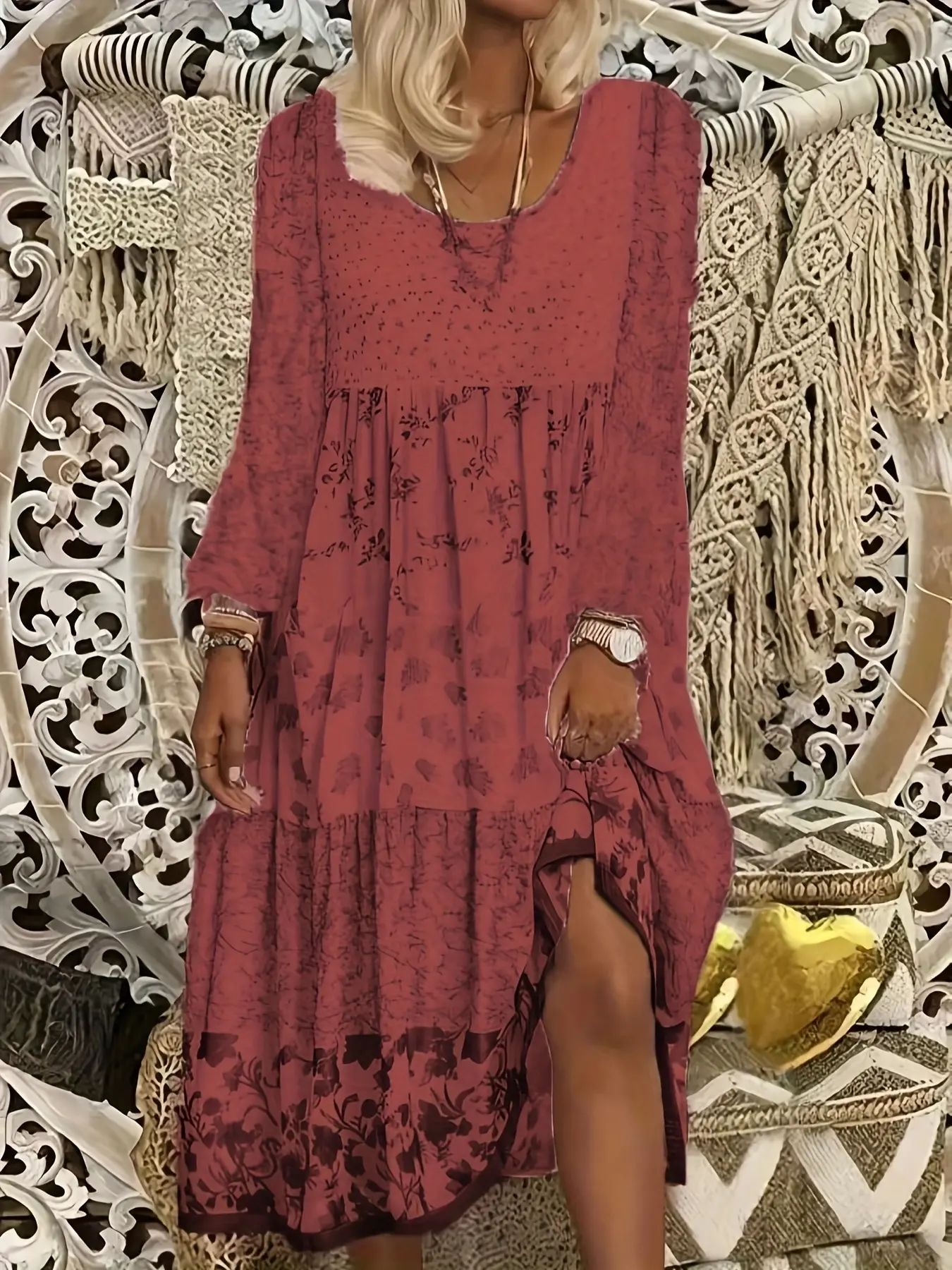 Floral Long Sleeve Dress, Print, Casual Style, Casual Wear, Perfect for Going Out and Parties, Women's Fashionable Clothing, Comfortable and Stylish, Womenswear
