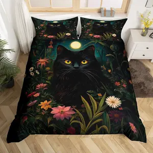Black Cat Duvet Cover for Kids Boys Girls,Gothic Moon Night Duvet Cover,Wild Cat Jungle Soft Comforter Cover (Not Comforter),Watercolor Flowers Leaves Quilt Cover