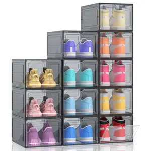 12 Pack Clear Black Shoe Storage Boxes, Stackable Plastic Shoe Organizer with Drop Front Door, Transparent Sneaker Storage Cases for Closet, Space Saving Shoe Containers for Men and Women, Foldable Shoe Box Organizer for Home