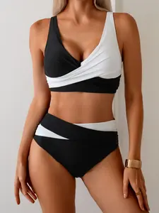 Women's Fashion Bikini Set, Sexy V-Neck Block, Cross Straps Adjustable Shoulder Straps, Two-Piece Swimsuit
