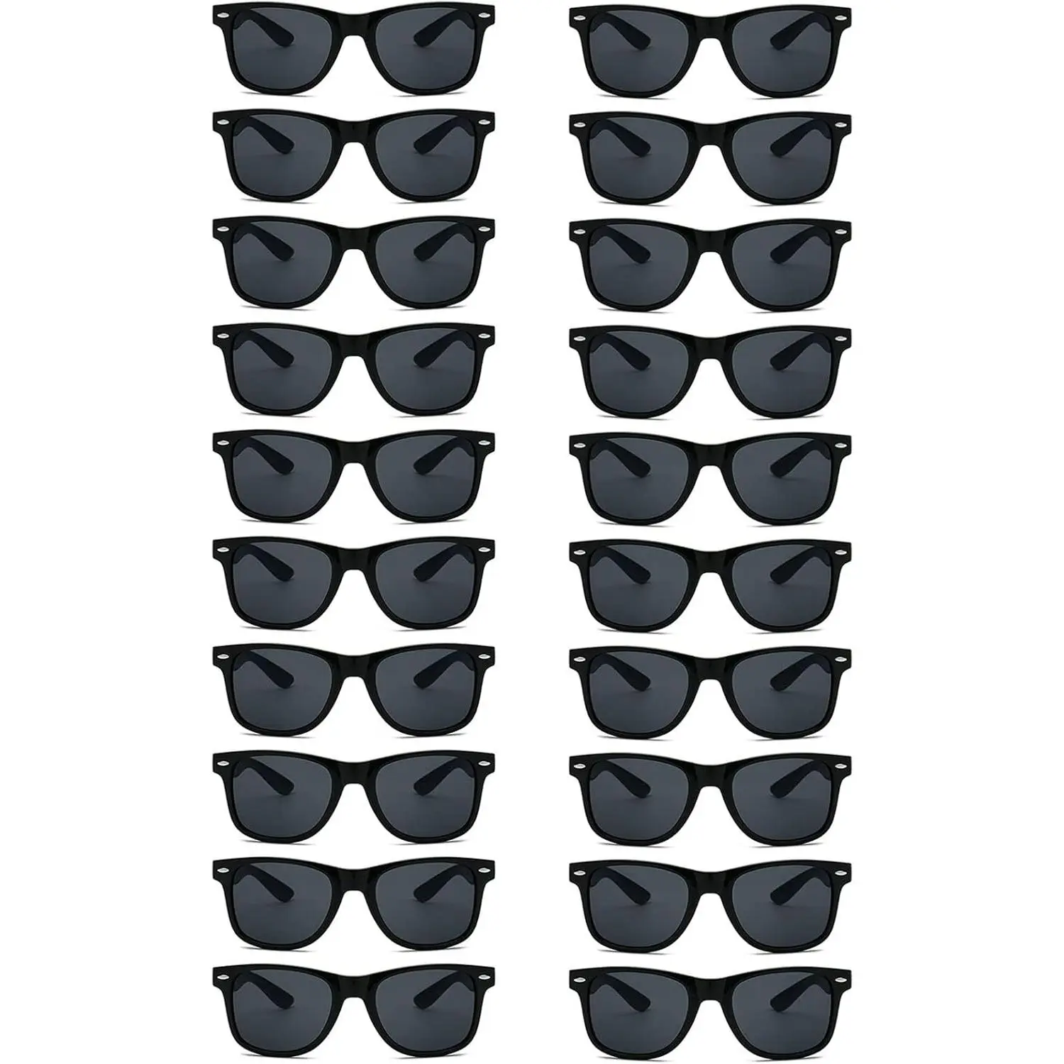20 Pairs of Bulk Sunglasses for Adults, Retro 70s 90s Square Black Plastic Frames, Comfortable Party Favors for Hawaiian and Pool Accessories, Unisex