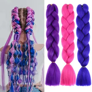 3 Pack Colored Braiding Hair 24 Inch Colorful Braiding Hair for Braids Synthetic Colored Hair Extensions for Braiding M7 Royal Blue/Rose Red/
