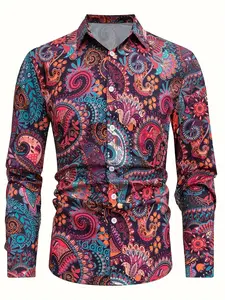 Men's Oversized Casual Floral Paisley Shirt, Polyester Fabric, Loose Fit, Button Details, Non-Elastic, Spring & Fall Wear