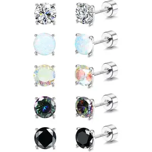 MILACOLATO 5 Pairs 925 Sterling Silver Stud Earrings for Women 20G Flat Back Earrings Helix Cartilage Earrings Cubic Zirconia Opal Earrings Comfort Back Sleep Post Earrings Hypoallergenic