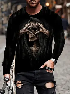 Men's Skull Heart Hand Pattern Long Sleeve T-Shirt, Fitted Casual Round Neck Street Fashion, Creative Street Trend, Streetwear, All Seasons
