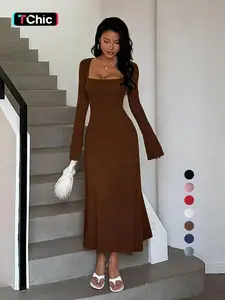 Women's Plain Lace Up Flounce Sleeve Dress, Elegant Aesthetic Square Neck Long Sleeve A Line Dress for Spring & Fall, Women's Clothing for Daily Wear, casual wear, Everyday