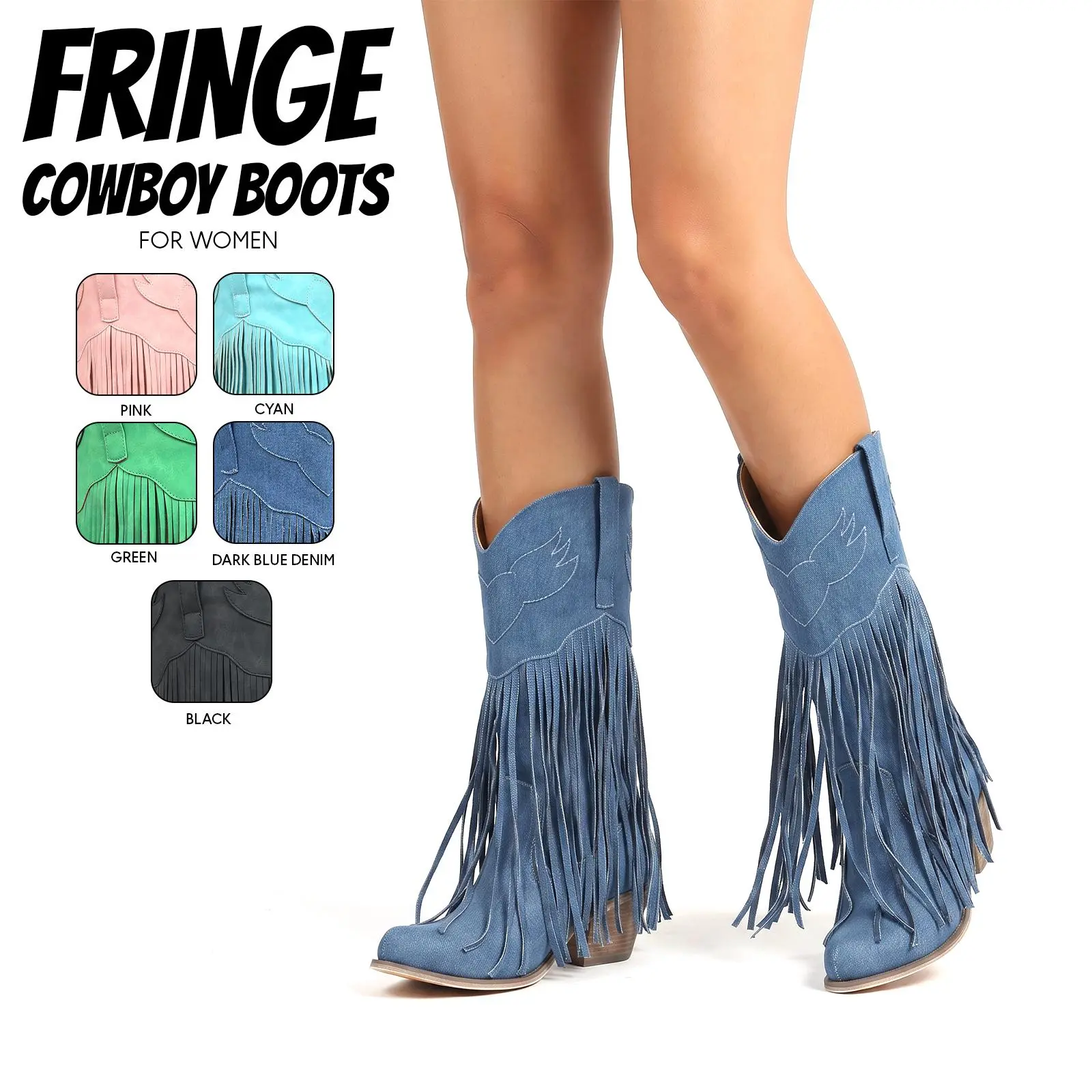 Fringe Cowboy Boots For Women Western Boot Pointed Toe Chunky Block Heel Easy Pull On Tassel Embroidered Mid Calf Boot  Comfy Wide Calf Summer Party Country Fashion Wedding Daily Concert Outfits Riding Retro Classic Cowgirl Trendy Western Boot Shoes