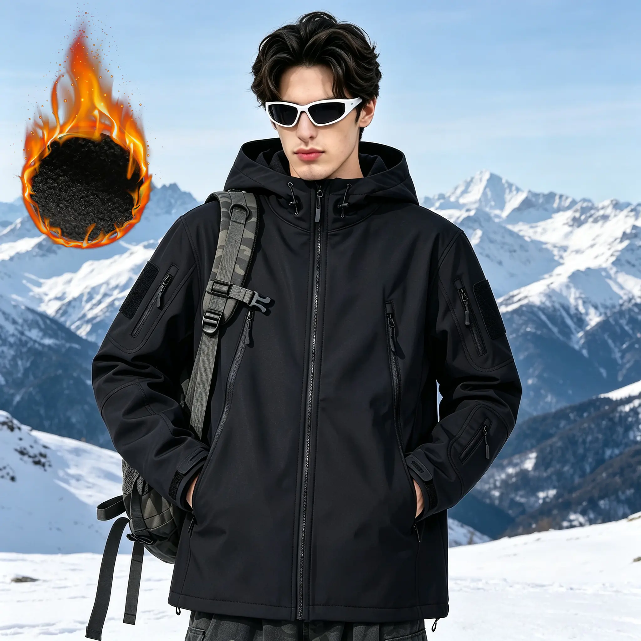 Men’s hooded full-sleeve tactical softshell fleece outdoor jacket for autumn/winter—windproof, waterproof, wear-resistant, breathable, multi-pocket mountaineering/hiking gear with added thermal lining for warmth.