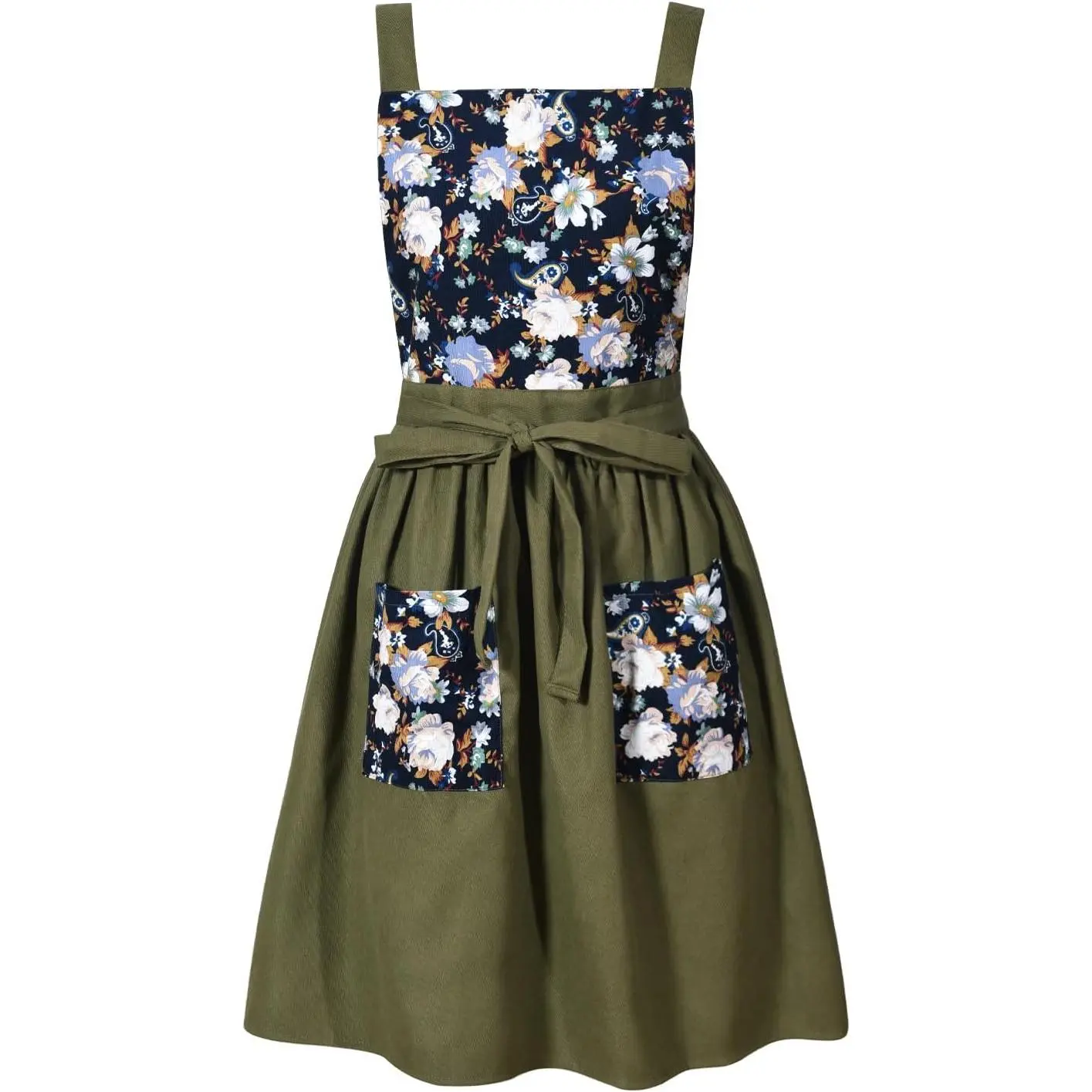 Women's Pocketed Pinafore Apron Dress - Comfortable Retro Flower-Print Apron with Straps for Kitchen Cooking, Gardening, Washable, Pocketed Aprons