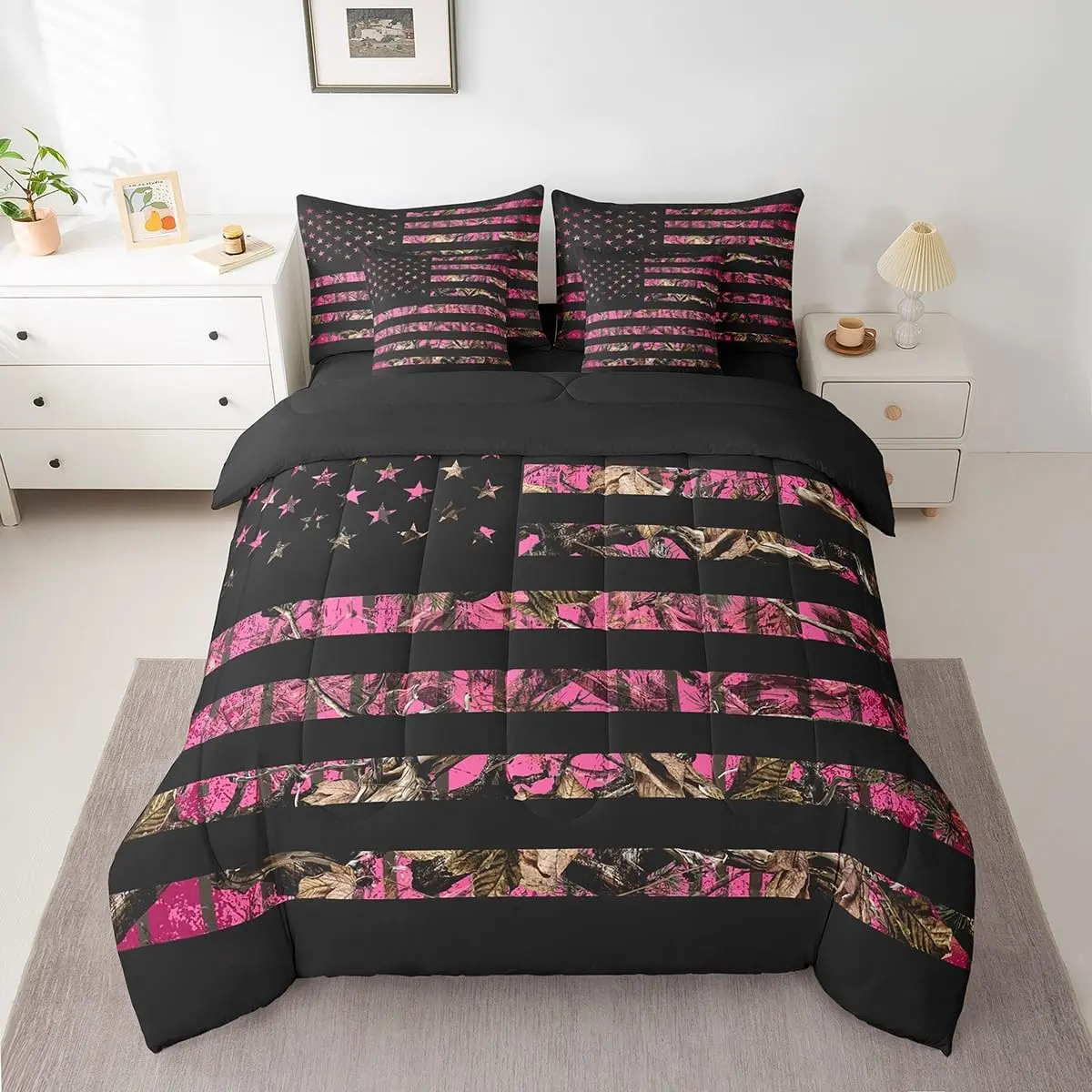 American Flag 7 Pieces Bedding Set,Hot Pink Camouflage All Season,Bed in a Bag with Comforter,Sheets,Pillowcases Branch Hunting Bed Set Breathable Camouflage Hunter Room Decor
