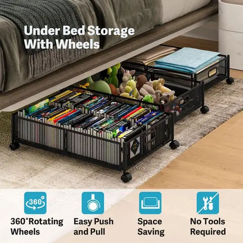 LINZINAR Metal Under Bed Storage Box with 360° Swivel Wheels - 23.62x15.75x3.94 Inches, Sturdy Storage Organizer, Tool-Free Assembly, Metal-Grid View, Slide-Out Drawer Shelf, Locking Wheels for Bedroom Clothes, Shoes (Fits Most Beds)