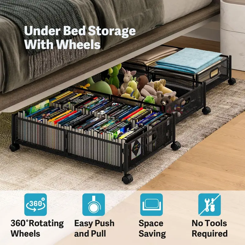 LINZINAR Metal Under Bed Storage Box with 360° Swivel Wheels - 23.62x15.75x3.94 Inches, Sturdy Storage Organizer, Tool-Free Assembly, Metal-Grid View, Slide-Out Drawer Shelf, Locking Wheels for Bedroom Clothes, Shoes (Fits Most Beds)