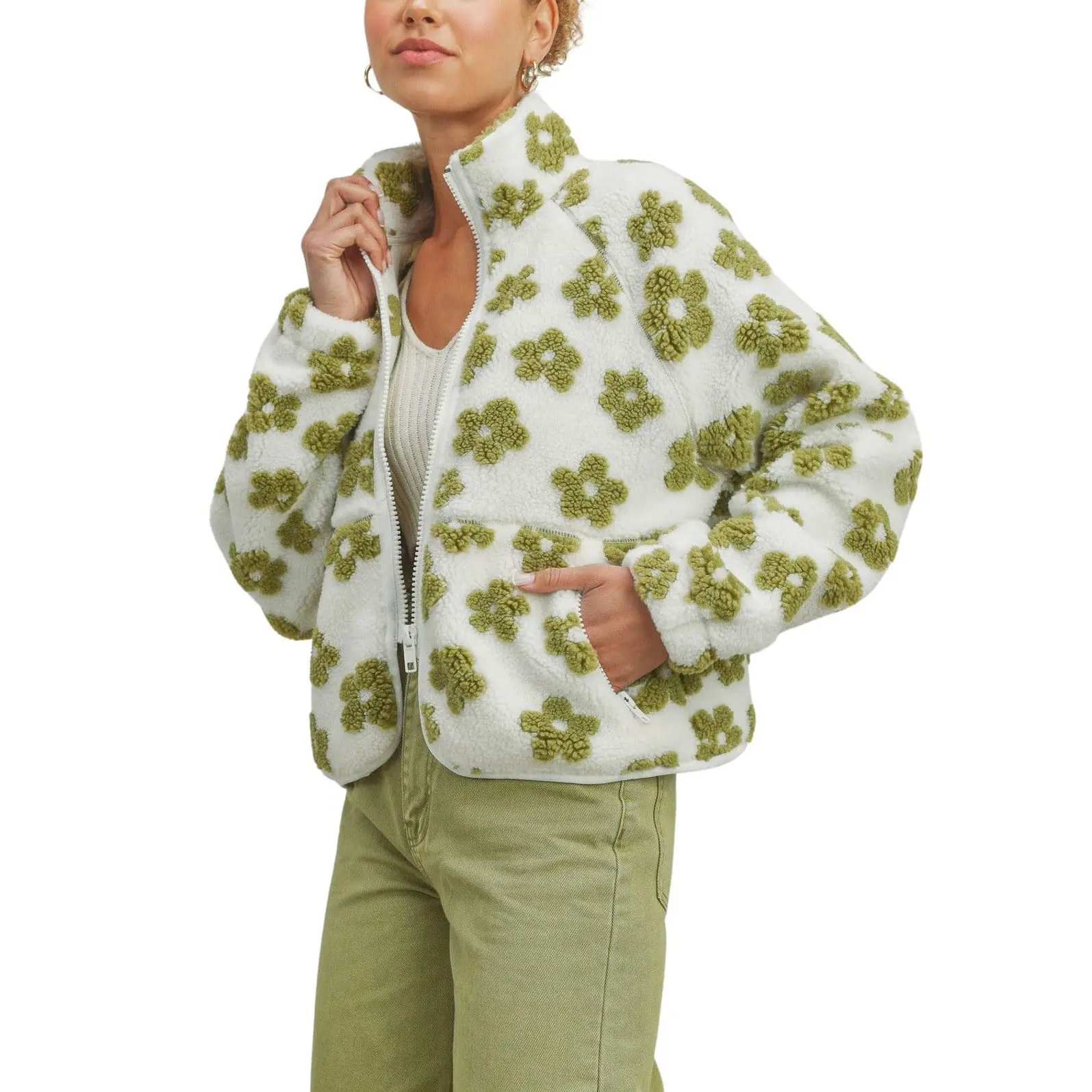 Chouyatou Women's Cute Floral Pattern Sherpa Jacket Y2k Casual Floral Plush Zipper Jacket with Pockets,back to school,back to school shopping Chouyatou Women's Cute Floral Pattern Sherpa Jacket Y2k Casual Floral Plush Zipper Jacket with Pockets,back to school,back to school shopping