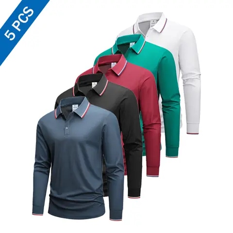 Men's 5-Pack Fitted Colorblock Long Sleeve Polo Shirts - Contrast Collar, Striped Print, All-Day Comfort, Multi-Color Mix, Tie-Ready Office-Weekend Tops, Polished Casual Look