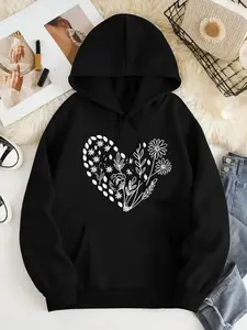Women's Floral & Heart Print Drop Shoulder Hoodie, Fashion Casual Drawstring Pocket Hooded Sweatshirt for Daily Holiday Outdoor Wear, Women Clothing for Fall & Winter