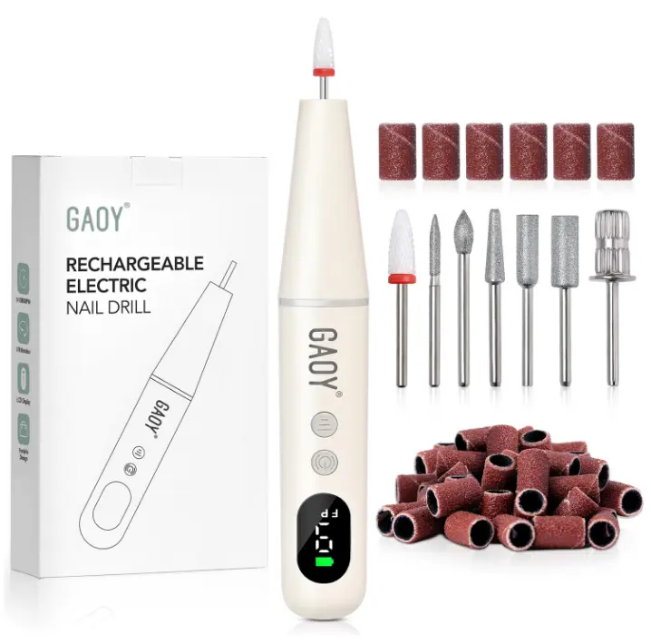 GAOY Cordless Electric Nail File, Nail Drill with LED Display for Acrylic Gel Nails, Hand Feet Trimmer Buffer Tool, Milky White