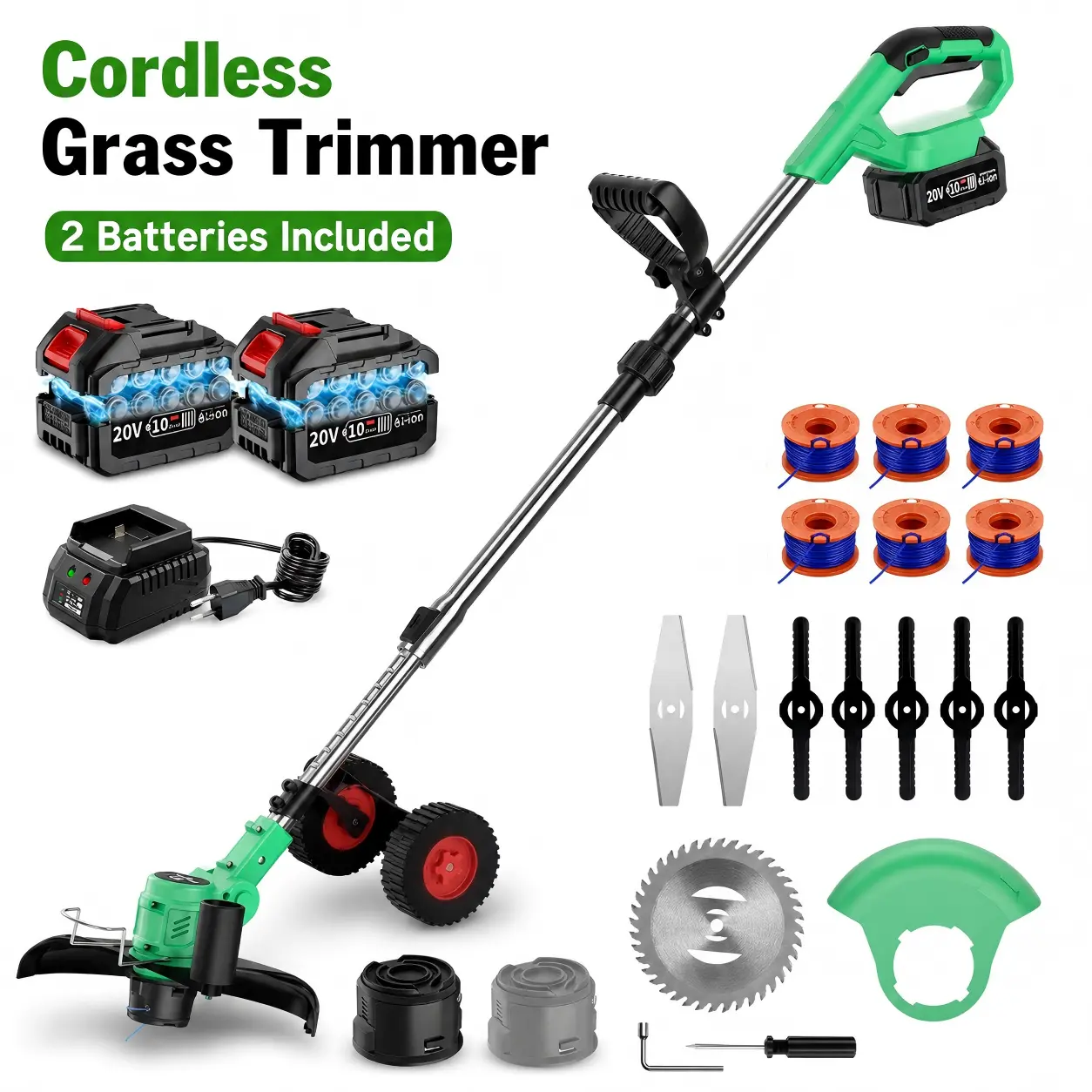 20V Cordless String Trimmer - Grass Cutting Tool, Weed Wacker with Auto Line Feed, Adjustable Telescopic Shaft, Fast Charger for Lawn, Garden, Yard