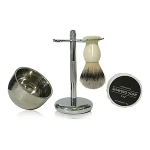 4 in 1 Premium Shaving Brush Kit for Men Includes Vegan Synthetic Badger Hair Shaving Brush,Sandalwood Shaving Cream Soap 85G,Stainless Steel Bowl,Heavy Safety Shaving Stand for Mens Gift(Ivroy White)