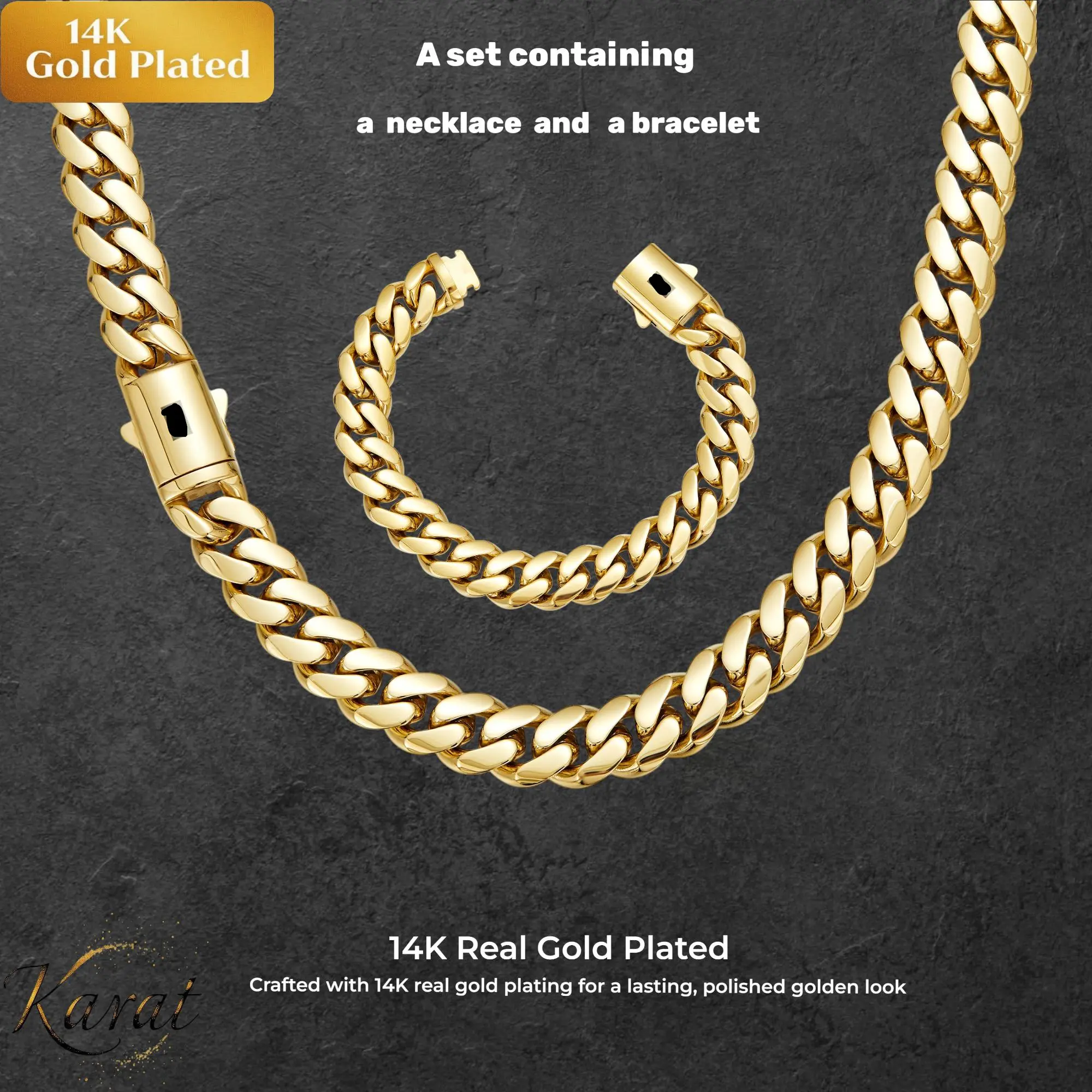 [set]14K Gold-Plated Cuban Link Necklace & Bracelet Set |       Widths: 6/8/10/12/14 mm |       Lengths: Necklace 16–30 inches, Bracelet 7.5/8.5 inches |       Unisex Jewelry |       The Perfect Holiday Gift Choice