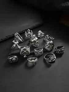 Gothic Punk Skull Bat Diamond Coffin Ring Set, 13 Piece Gothic Punk Jewelry Series, Dark Vintage Style Accessories, Dark Aesthetic Rings
