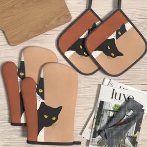 4pcs Oven Mitts And Potholders Peeking Black Cat Heat Resistant Oven Mitts And Pot Holders Sets Suitable For Grilling, Cooking, Baking, Broiling, Microwave And Kitchen Decoration Gifts