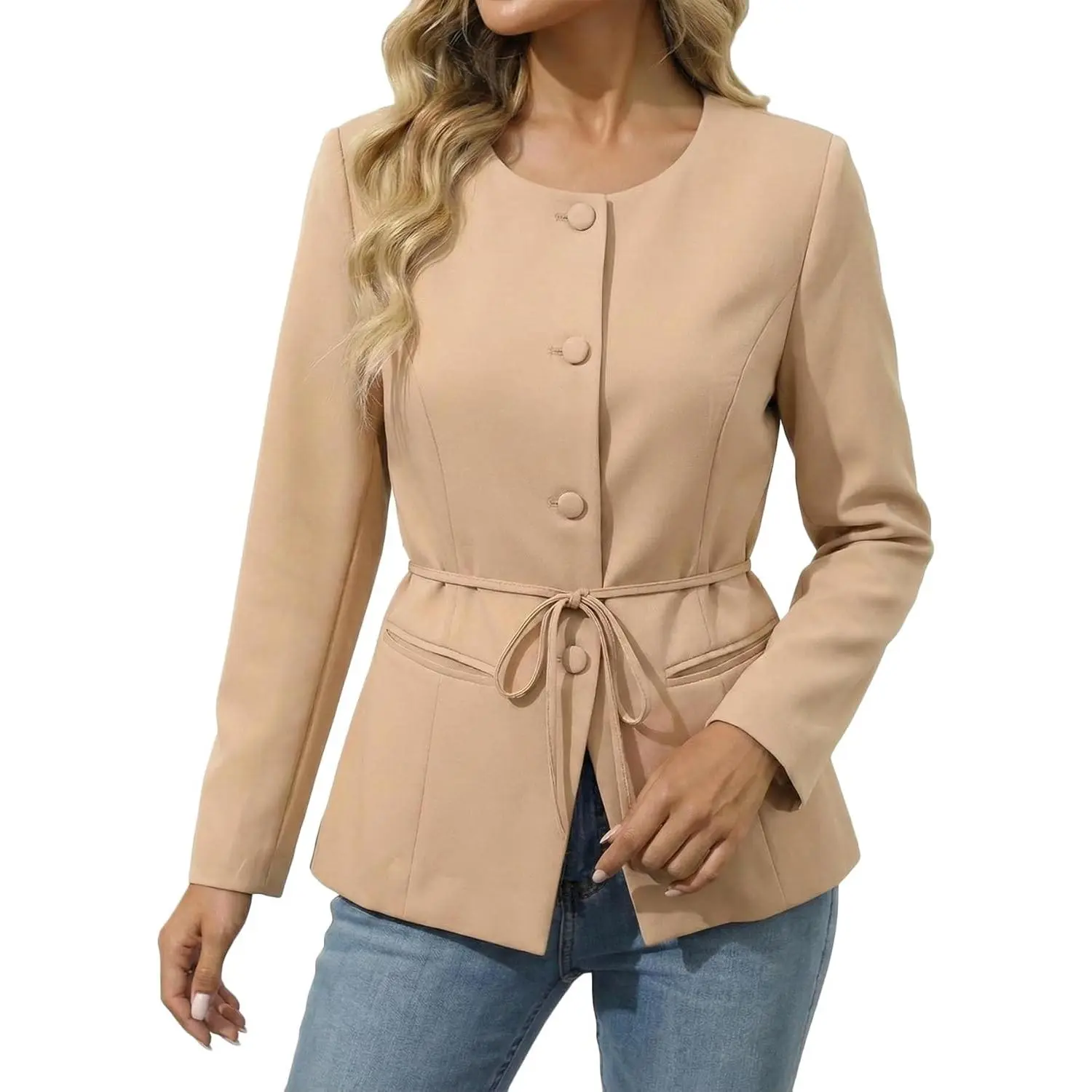 MINA SELF Women's Fitted Collarless Blazer Jacket - Soft Breathable Woven Fabric, Long Sleeve, Adjustable Belt, Buttons, Pockets, Elegance for Casual Office Wear