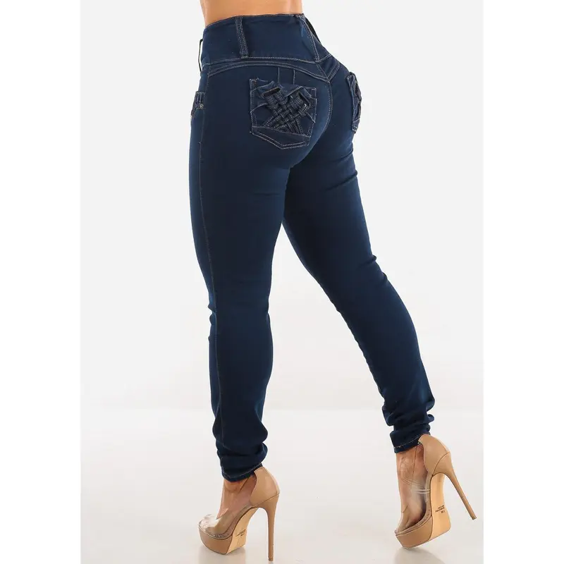 Womens Push Up High Waist Dark Skinny Jeans for Juniors with Stretchy Spandex Material & Faux Pockets MX JEANS by Moda Xpress
