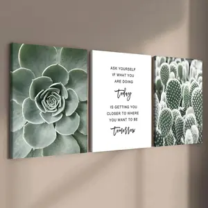 Wooden Framed Canvas Painting, 3 Counts/set Artistic Modern Art Succulent Pattern Wall Art, Wall Decor for Home Living Room Bedroom Office