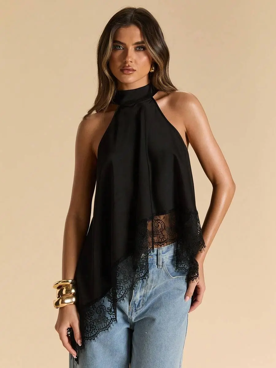 Black Sexy Elegant Lace Patchwork Halter Backless Satin Camisole Top, Suitable For Party Night Out, Cocktail, Formal Occasions,Summer