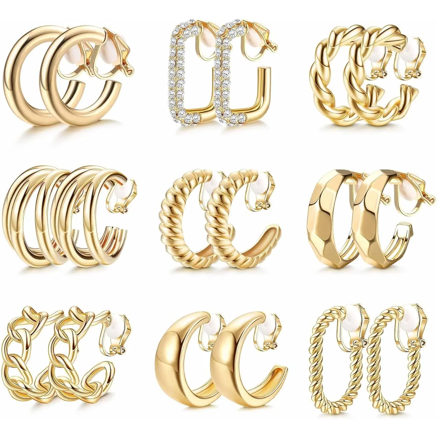 THUNARAZ Women's 9-Pair 14K Gold Plated Retro Chunky Hoop Earrings Set - Non-Pierced Geometric Statement Trendy Clip-On Earrings, Fashionable Jewelry, Perfect Christmas Gift, Statement Clip On Earrings, Chunky Gold Earrings