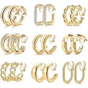 THUNARAZ 9 Pairs Retro 14K Gold Plated Ear Clips for Women Chunky Hoop Earrings Trendy Clip on Earrings Non-Pierced Elegant Clip on Earrings Jewelry Set for Christmas Gift