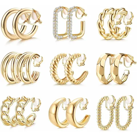 THUNARAZ Women's 9-Pair 14K Gold Plated Retro Chunky Clip-On Earrings Set - Non-Pierced Geometric Statement Clip On Earrings for Females, Bedazzling Style Fashion Jewelry, Christmas Gift
