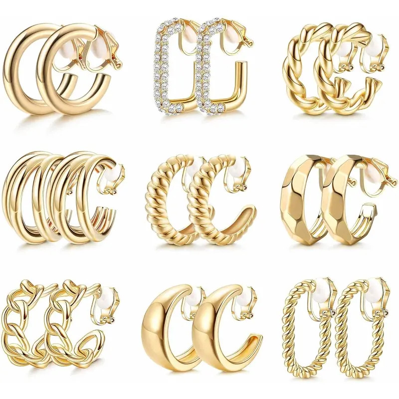 THUNARAZ Women's 9-Pair 14K Gold Plated Retro Chunky Clip-On Earrings Set - Non-Pierced Geometric Statement Clip On Earrings for Females, Bedazzling Style Fashion Jewelry, Christmas Gift