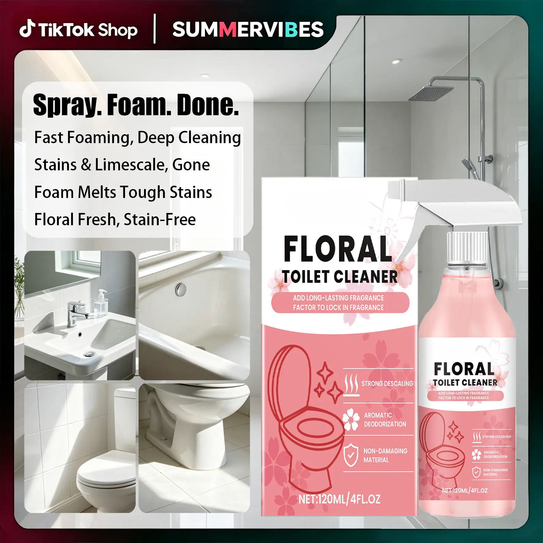 Floral Toilet Cleaner Spray, 120ml Powerful Toilet Bowl Cleaner with Long-Lasting Fresh Fragrance, Descaling & Deodorizing Bathroom Cleaning Solution for Toilet Stains, Hard Water Buildup & Odor Removal