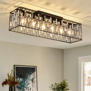 Garwarm 38.7 inch Modern Ceiling Light,6-Light Crystal Chandelier Black Rectangle Chandeliers, Dining Room Light Fixture Flush Mount for Living Room Kitchen Island Bar