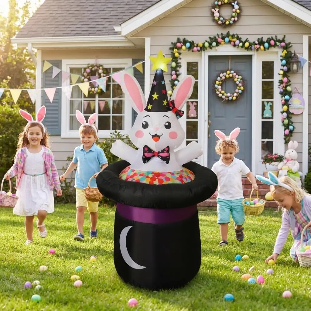 5 Ft Inflatable Easter Bunny in Magic Hat Yard Decoration, Cute Wizard Rabbit Popping Out of Top Hat with LED Lights, Blow Up Lawn Decor for Easter, Birthday Party, Indoor Outdoor Home Garden