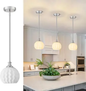 Brushed Nickel Pendant Lights Kitchen Island, 7.3" 1-Light Modern Farmhouse Milk Glass Globe Fixture with Adjustable Rods for Hallway Sink E26