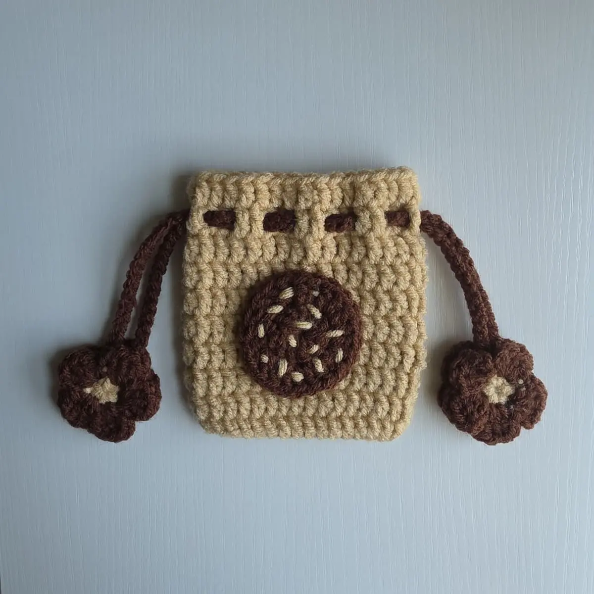 Donut Delight Crochet Drawstring Pouch Handmade Donut-Themed Pouch with Mini Flower Ends Unique Cozy Whimsical Aesthetic Design