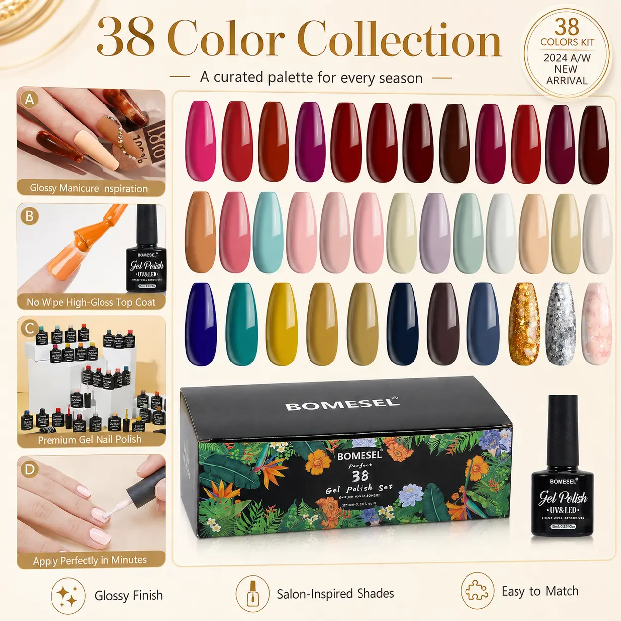 BOMESEL 38 Colors Gel Nail Polish Set, UV LED Soak Off Gel Polish Kit with High Gloss Shine, Rich Pigment Nail Art Manicure Set