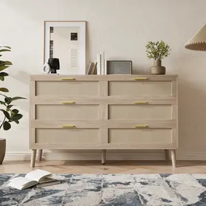 6‑Drawer Natural Rattan Dresser with Golden Handles, Farmhouse Wood Chest of Drawers for Bedroom, Living Room, Entryway & Hallway