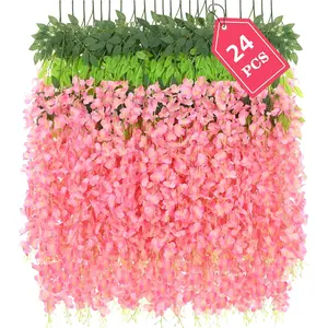 24 Pack Wisteria Hanging Flowers 3.6 Feet Artificial Flowers Fake Wisteria Vine Hanging Garland Silk Flowers String for Valentines Day Decorations Wedding Home Greenery Wall Decor (Pink)