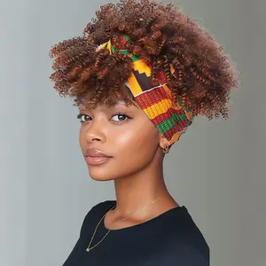 TwiceBeauty 8inch Afro Kinky Curly Headband Wigs with Bangs for Black Women 2 in 1 Turban Wigs with Headband Attached Soft Synthetic Hair