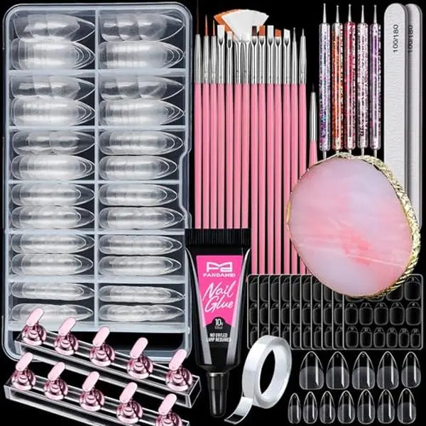 FANDAMEI Nail Art Kit, Nail Design Tools kit with Nail Brushes, Dotting tool, Mixing Palette, Nail Stand. Fake Nail Kits with Almond Gel Nail Tips, Nail Glue, Adhesive Tabs, Nail File. Manicure Set