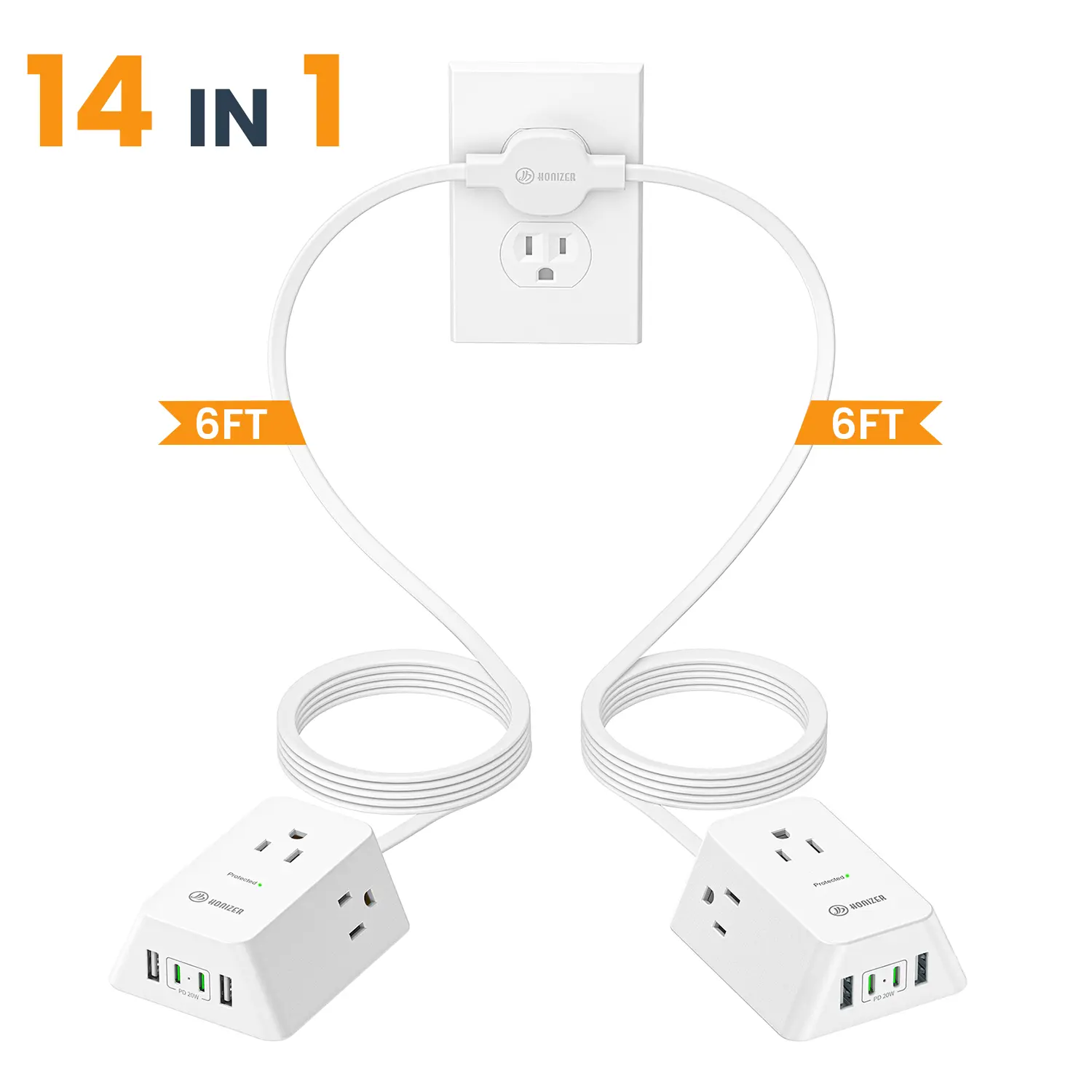 Honizer 12FT Twin Extension Cord Splitter - Power Outlet Extender with Multi Ports, 20W USB-C Fast Charge, Dual Cords (6FT Each), 125V Input, Surge Protection for Dorm, Office